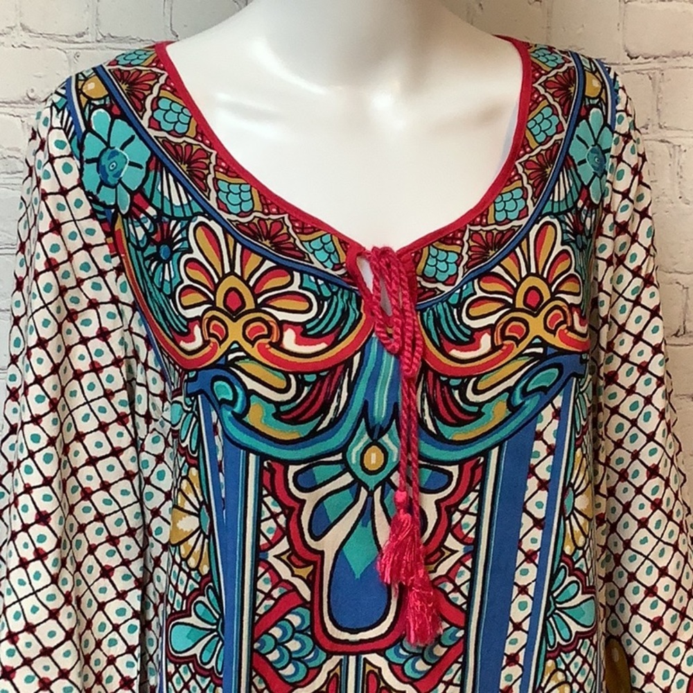 Flying Tomato Bohemian Multicolor W/Tassels Long Sleeve Tunic Top Dress Sz S - Picture 2 of 12